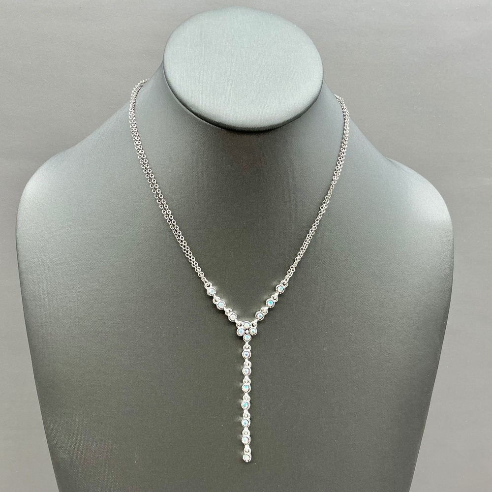 Napier Necklace Women Silver Tone AB Rhinestone Y-Drop Double Chain‎ 18 Inches